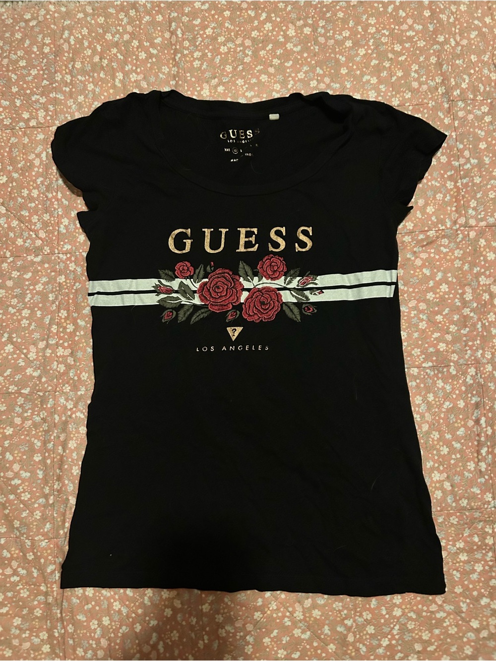 GUESS Black Tee with Red Rose Graphic and Gold Logo